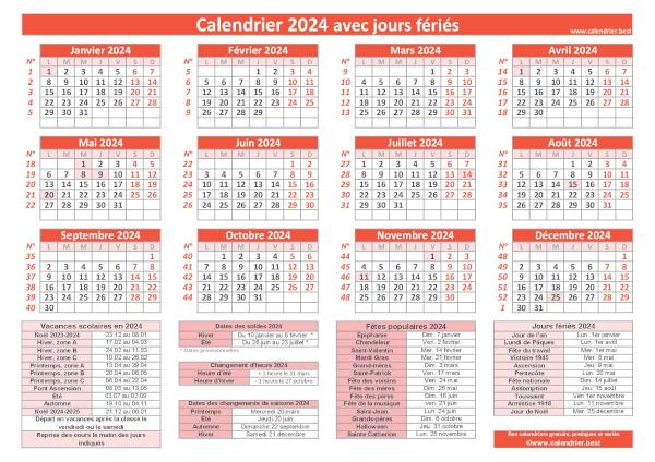 Calendrier 2024 avec jours fériés à imprimer, modèle avec fériés rouge, format paysage