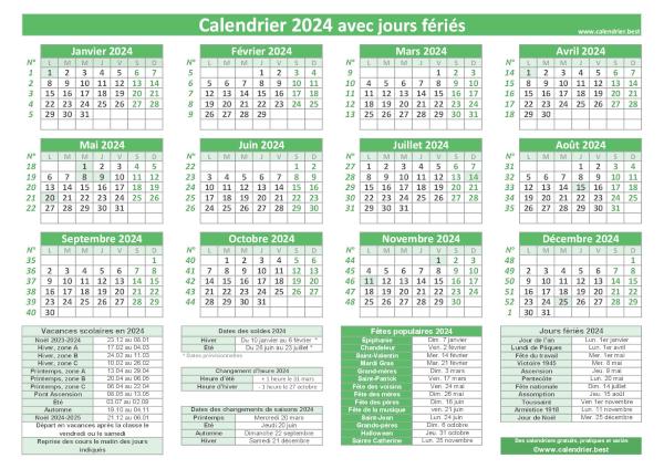 Calendrier 2024 avec jours fériés à imprimer, modèle avec fériés vert, format paysage