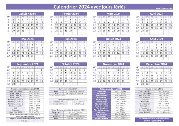 Calendrier 2024 avec jours fériés à imprimer, modèle avec fériés violet, format paysage