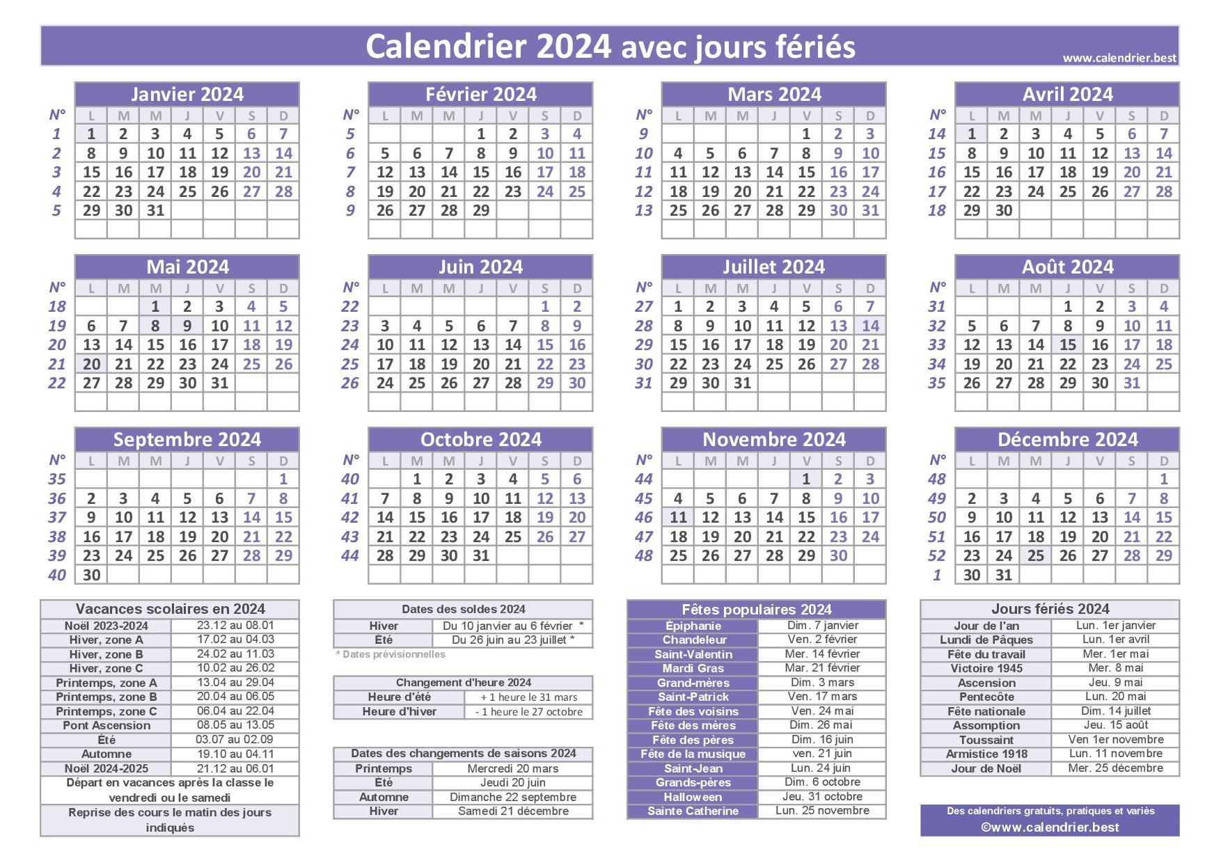 Calendrier 2024 avec jours fériés et dates utiles à imprimer