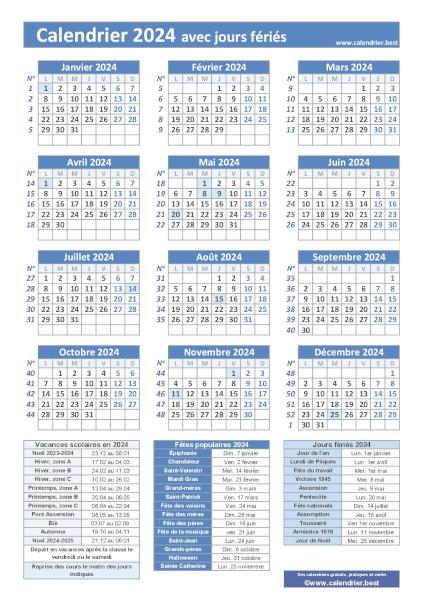Calendrier 2024 avec jours fériés à imprimer, modèle avec fériés bleu, format portrait
