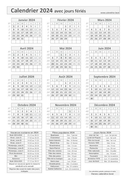 Calendrier 2024 avec jours fériés en France et numéro des semaines …  impression, gratuit, download PDF