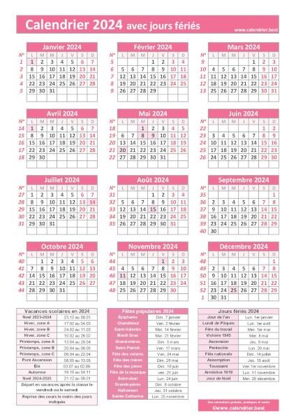 Calendrier 2024 avec jours fériés à imprimer, modèle avec fériés rose, format portrait