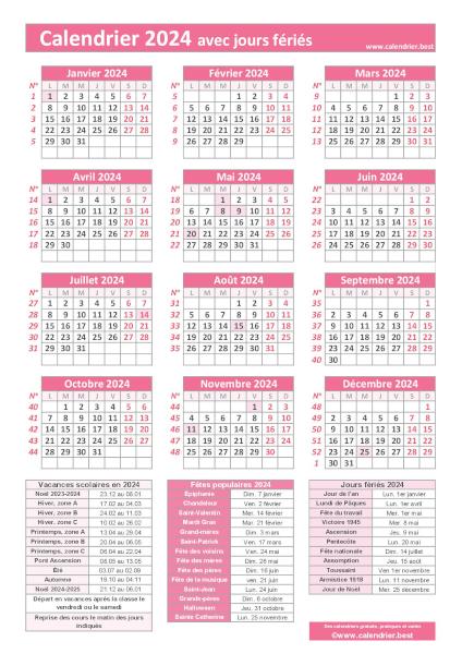 Calendrier 2024 avec jours fériés, numéros de semaines, fêtes populaires et dates utiles (vacances, soldes, fêtes, saisons), modèle rose, format portrait Calendrier 2024 avec jours fériés à imprimer, modèle avec fériés rose, format portrait