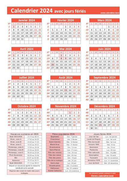 Calendrier 2024 avec jours fériés à imprimer, modèle avec fériés rouge, format portrait