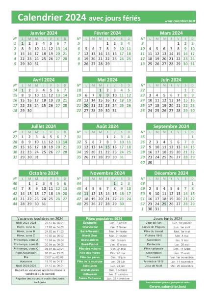 Calendrier 2024 avec jours fériés à imprimer, modèle avec fériés vert, format portrait