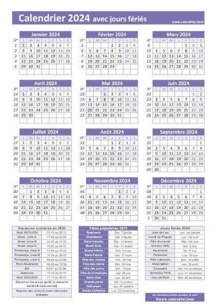 Calendrier 2024 avec jours fériés à imprimer, modèle avec fériés violet, format portrait