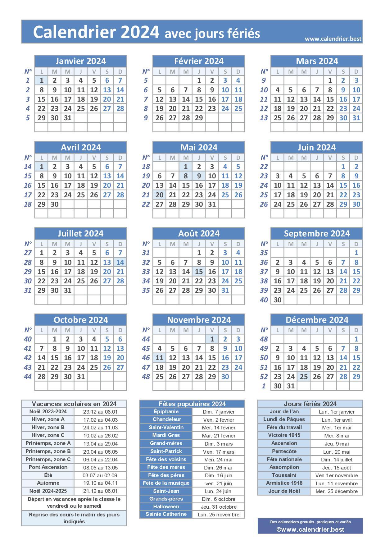 Calendrier 2024 à imprimer, annuel avec les fêtes, format paysage,  sous-main ou mural