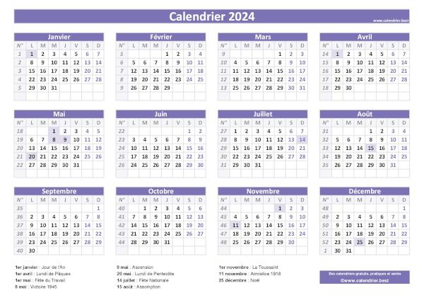 Calendrier 2024 avec jours fériés à imprimer