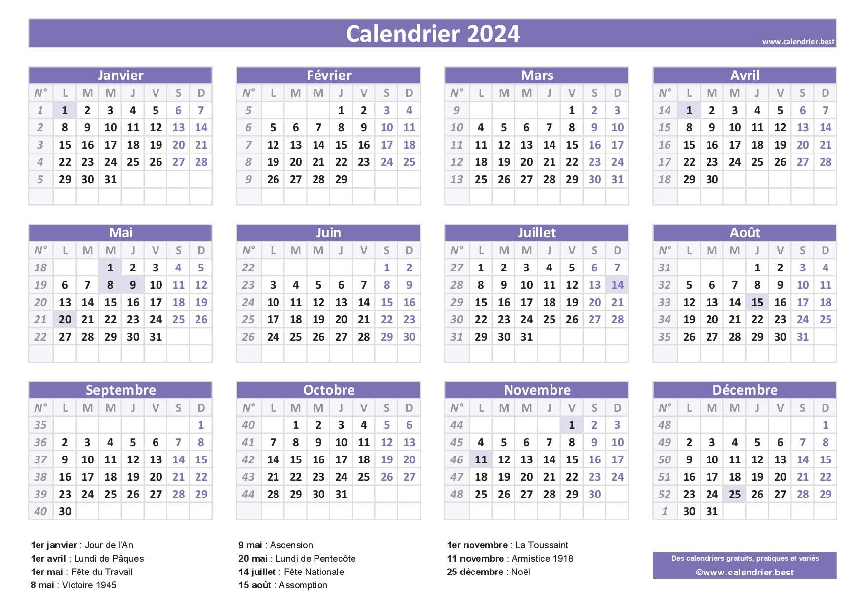 Calendrier 2024 à imprimer avec jours fériés et jours à poser