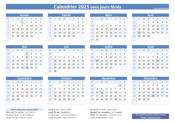 Calendrier 2025 avec jours fériés