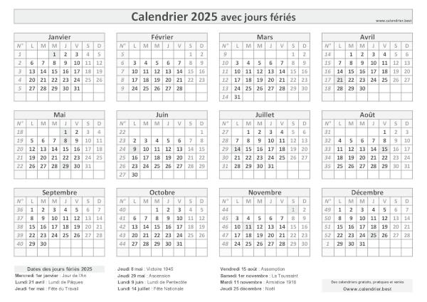 Calendrier 2025 avec jours fériés à imprimer