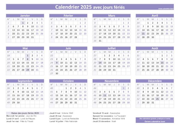 Calendrier 2025 avec jours fériés à imprimer