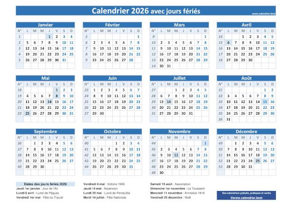 Calendrier 2026 avec jours fériés