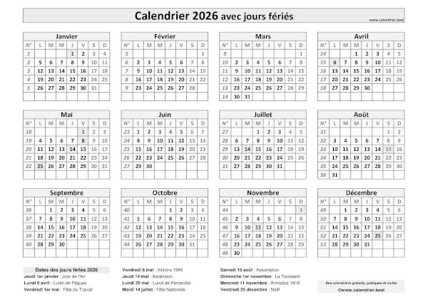 Calendrier 2026 avec jours fériés à imprimer