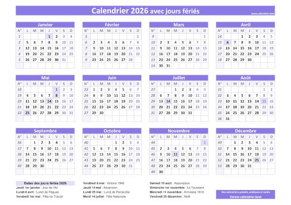 Calendrier 2026 avec jours fériés à imprimer