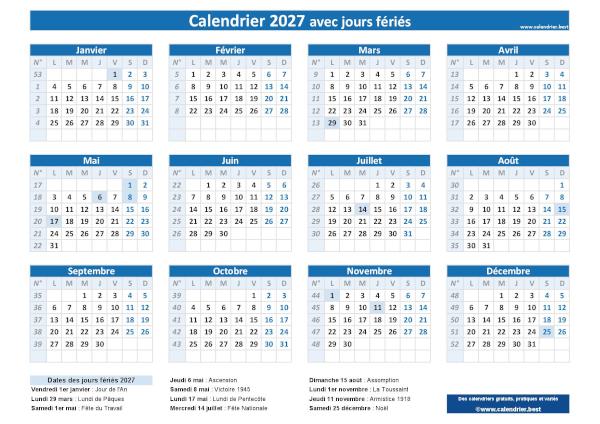 Calendrier 2027 avec les dates et les noms des 11 jours fériés légaux en France. Thème bleu. Calendrier 2027 avec jours fériés à imprimer