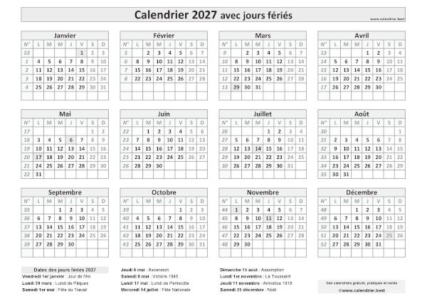 Calendrier 2027 avec les dates et les noms des 11 jours fériés légaux en France. Thème noir et blanc. Calendrier 2027 avec jours fériés à imprimer