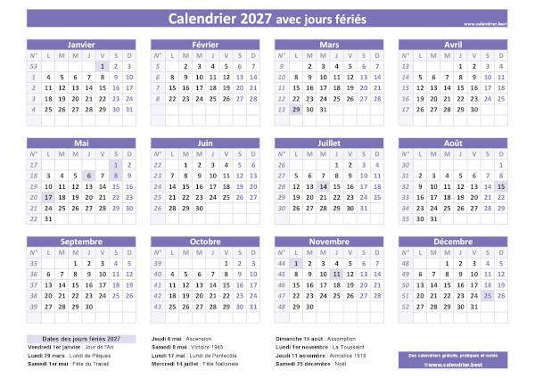 Calendrier 2027 avec les dates et les noms des 11 jours fériés légaux en France. Thème violet. Calendrier 2027 avec jours fériés à imprimer