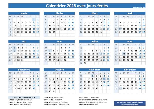 Calendrier 2028 avec jours fériés