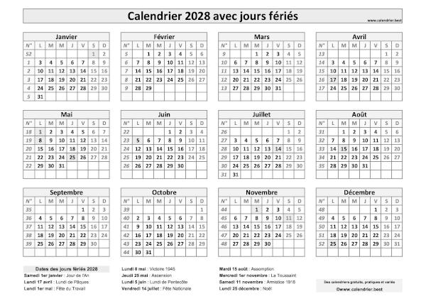 Calendrier 2028 avec jours fériés à imprimer