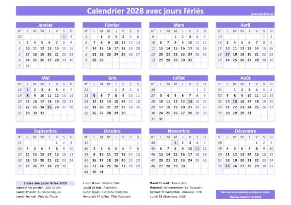 Calendrier 2028 avec jours fériés à imprimer