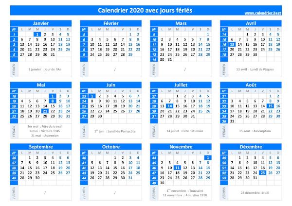 Calendrier 2020 avec jours fériés.