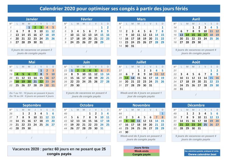 Calendrier 2020 permettant d'optimiser ses congés payés à l'aide des jours fériés