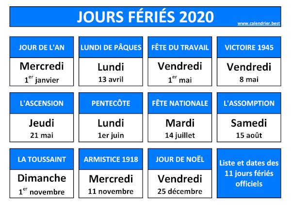 Jours fériés 2020 : calendrier