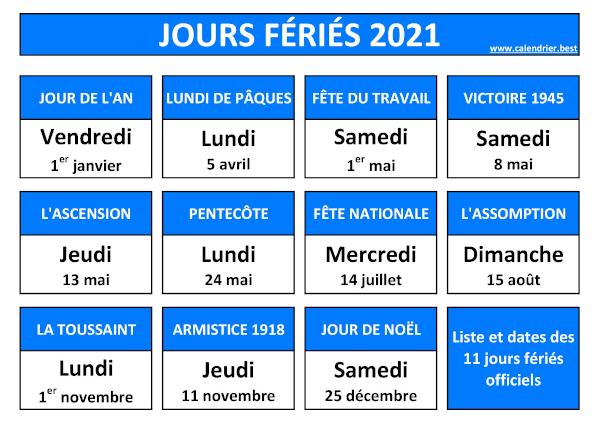 Calendrier Feries 2021 Jours fériés 2021 en France