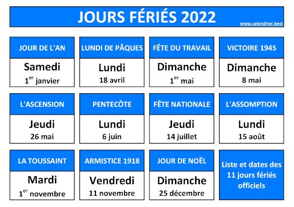 Jours fériés 2022 : calendrier