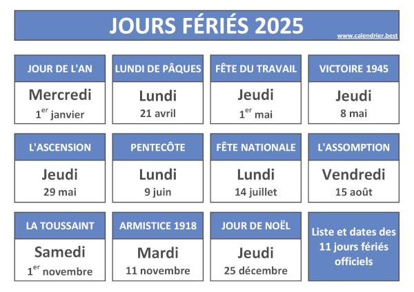 Jours fériés 2025 : calendrier