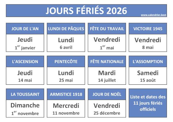 Jours fériés 2026 : calendrier