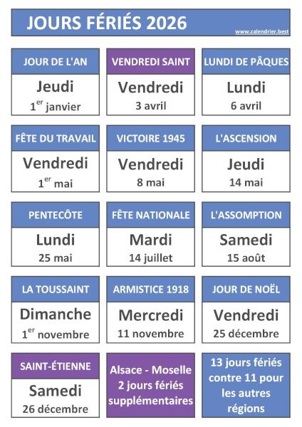 Jours fériés 2026 : calendrier complet avec régime local