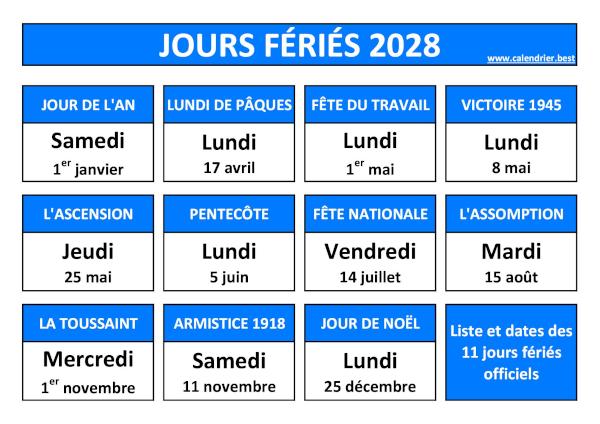 Jours fériés 2028 : calendrier
