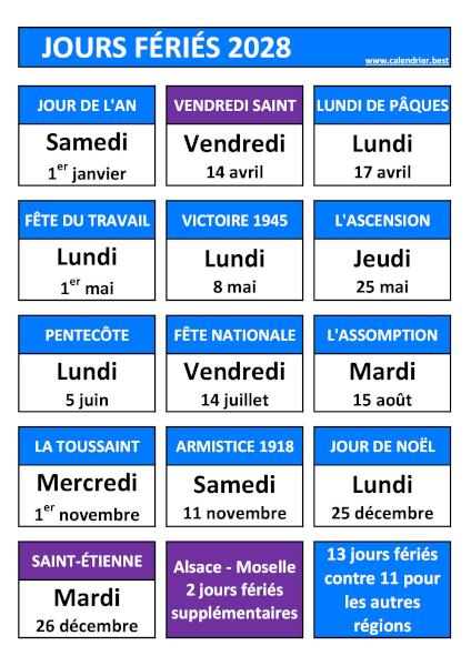 Jours fériés 2028 en Alsace - Moselle : calendrier