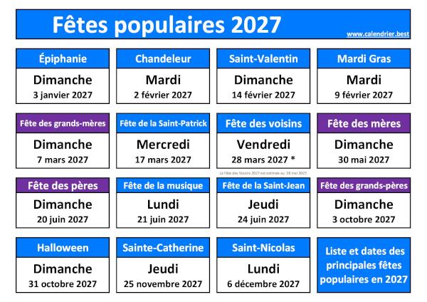 Calendrier 2027 des fêtes populaires et traditionnelles en France à télécharger et imprimer