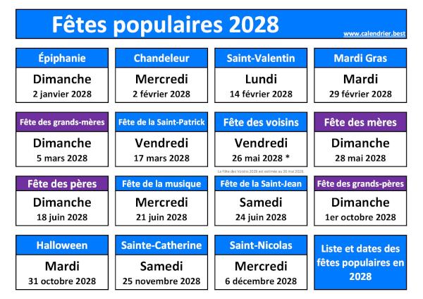 Calendrier 2028 des fêtes populaires et traditionnelles en France à télécharger et imprimer