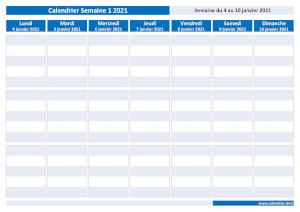 Calendrier hebdomadaire à imprimer : semaine 1 2021.