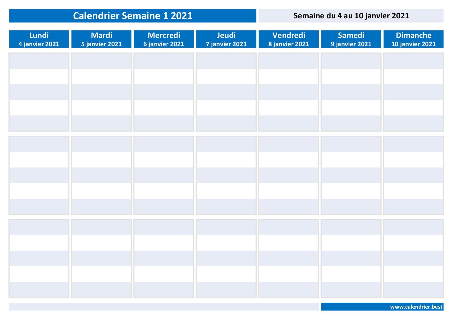 Semaine 1 2021 Dates Calendrier Et Planning Hebdomadaire A Imprimer