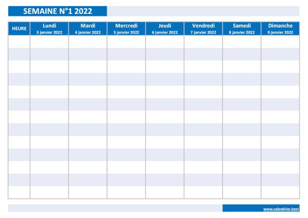 Organiser votre planning hebdomadaire grâce à notre calendrier de la semaine 1 2022. Semaine 1 2022 du 03/01/2022 au 09/01/2022, calendrier hebdomadaire à imprimer.