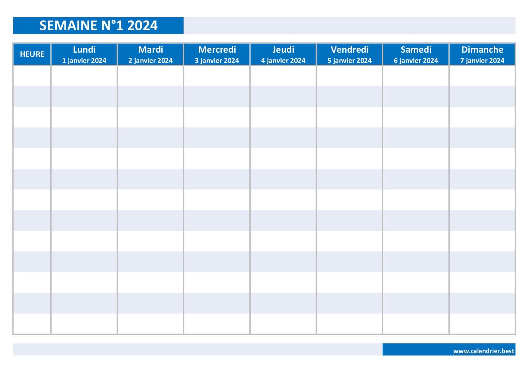 Semaine 1 2024 : dates, calendrier et planning hebdomadaire à imprimer