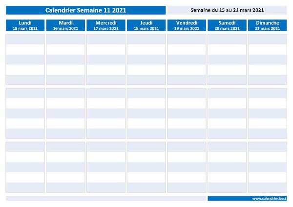 Organiser votre planning hebdomadaire grâce à notre calendrier de la semaine 11 2021. Semaine 11 2021 du 15/03/2021 au 21/03/2021, calendrier hebdomadaire à imprimer.