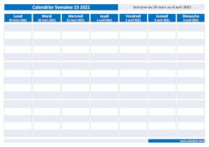 Calendrier hebdomadaire à imprimer : semaine 13 2021.