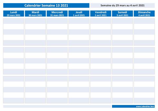 Semaine 13 2021 du 29/03/2021 au 04/04/2021, calendrier hebdomadaire à imprimer.