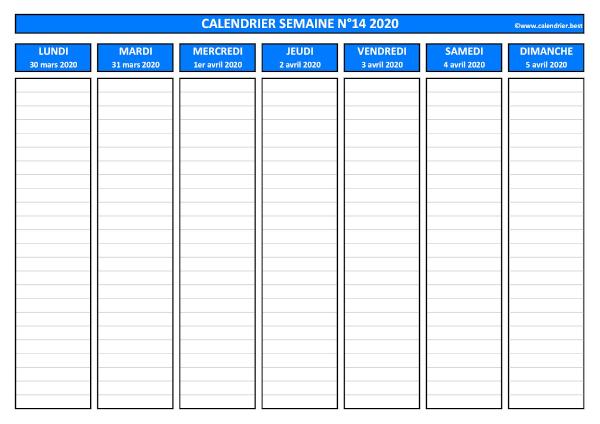 Semaine 14 2020 du 30/03 au 05/04, calendrier hebdomadaire à imprimer