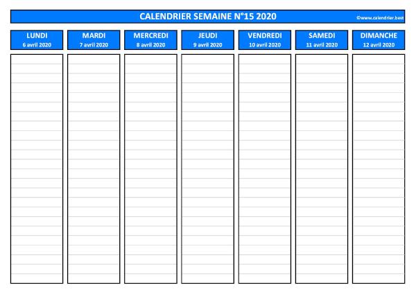 Semaine 15 2020 du 06/04 au 12/04, calendrier hebdomadaire à imprimer.