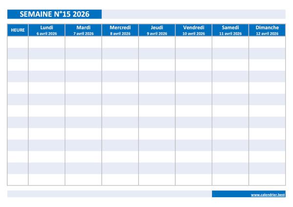 Organiser votre planning hebdomadaire grâce à notre calendrier de la semaine 15 2026. Semaine 15 2026 du 06/04/2026 au 12/04/2026, calendrier hebdomadaire à imprimer.