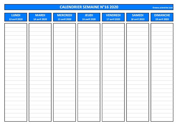 Semaine 16 2020 du 13/04 au 19/04, calendrier hebdomadaire à imprimer.