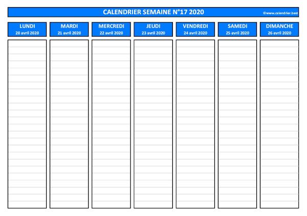 Semaine 17 2020 du 20/04 au 26/04, calendrier hebdomadaire à imprimer.